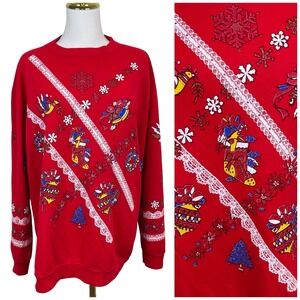 Vintage Christmas On Mainstreet Sweatshirt Womens XL Red Ugly Holiday Lace Print
